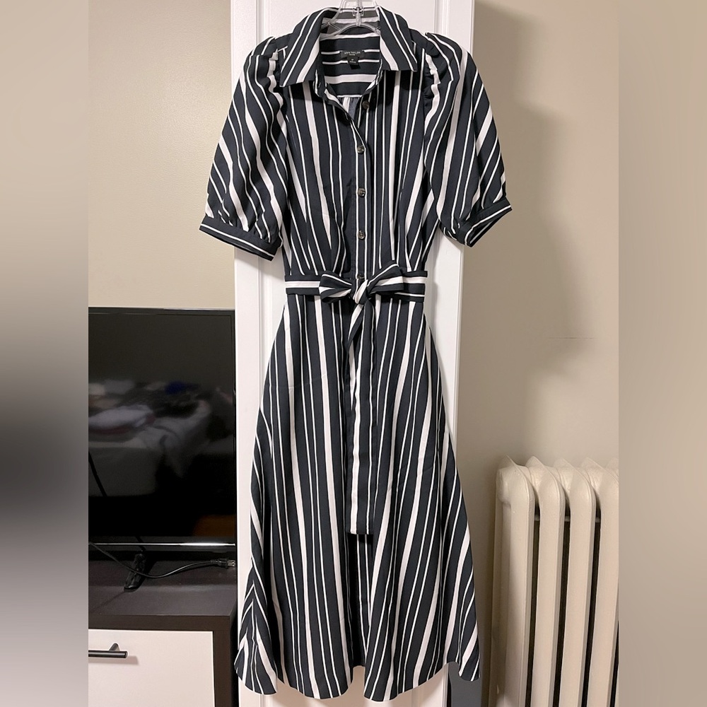 Ann Taylor navy+white striped midi shirtdress